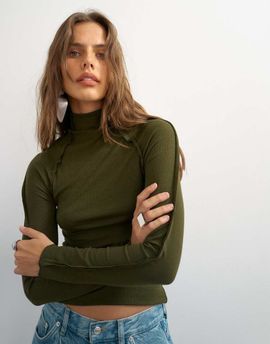 Topshop Topshop x Cara seamed long sleeve T-shirt in khaki-Green