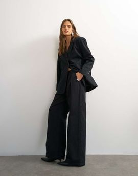 Topshop Topshop x Cara wide leg pleated pinstripe denim pants in indigo - part of a set-Blue