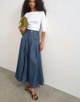 Topshop Topshop yoke pleated maxi skirt in indigo stripe-MULTI