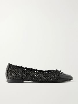TORY BURCH Bow-detail leather-trimmed raffia ballet flats