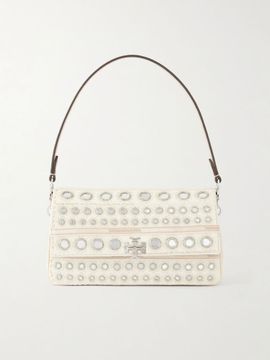 TORY BURCH Charlie embellished embroidered canvas shoulder bag