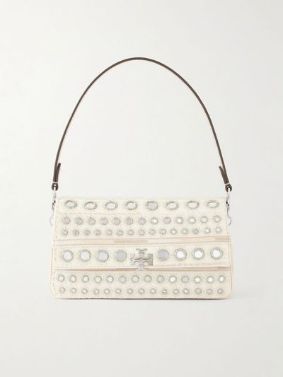 TORY BURCH Charlie embellished embroidered canvas shoulder bag