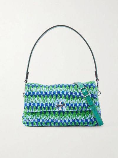 TORY BURCH Charlie embellished snake-effect leather-trimmed crocheted shoulder bag