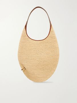 TORY BURCH Pierced embellished leather-trimmed raffia shoulder strap