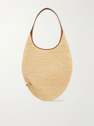 TORY BURCH Pierced embellished leather-trimmed raffia shoulder strap