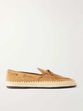 TORY BURCH The Raffia Boaty bow-detail raffia-trimmed suede loafers