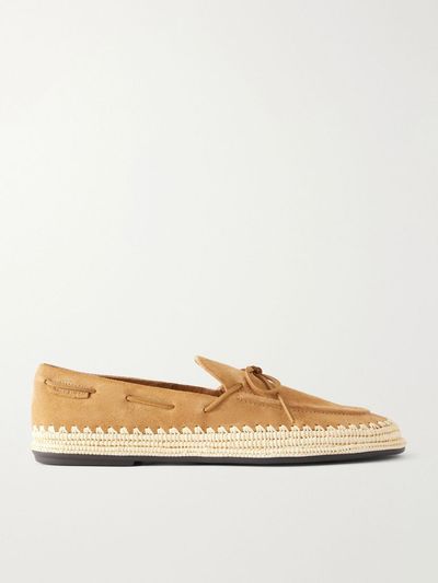 TORY BURCH The Raffia Boaty bow-detail raffia-trimmed suede loafers