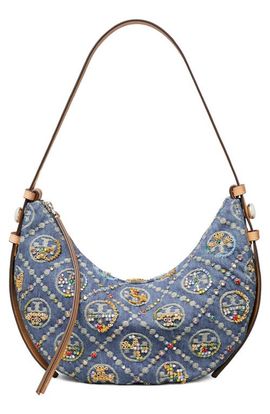 Tory Burch Tory Burch Romy T Monogram Embellished Denim Half Moon Bag