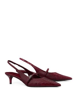 Tory Burch Tory Burch Women's Double T Buckle Snake Embossed Leather Slingback Pumps