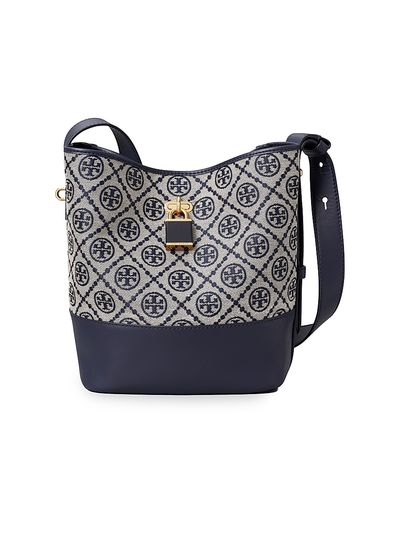 Tory Burch Women's Lock T Monogram Slim Medium Bucket Bag