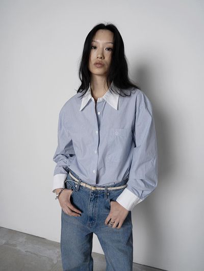 TOUVED Lawn Stripe Classic Shirt [Blue]
