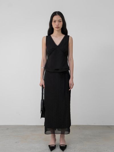 TOUVED Layered Chiffon Skirt [Black]