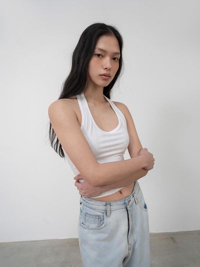 TOUVED Ribbed Halterneck Sleeveless Back Tank [WHITE]