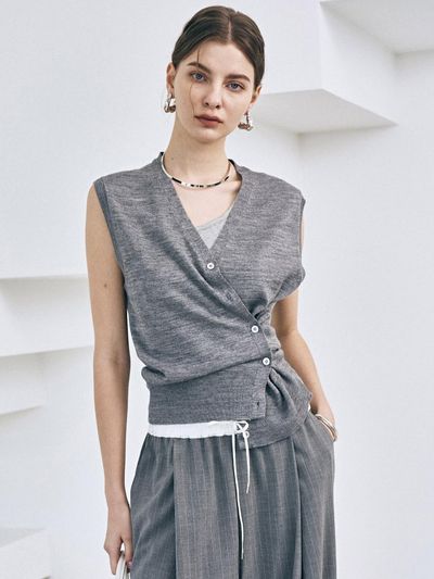 TOUVED V-Neck Stretchy Unlined Vest [Melange Grey]