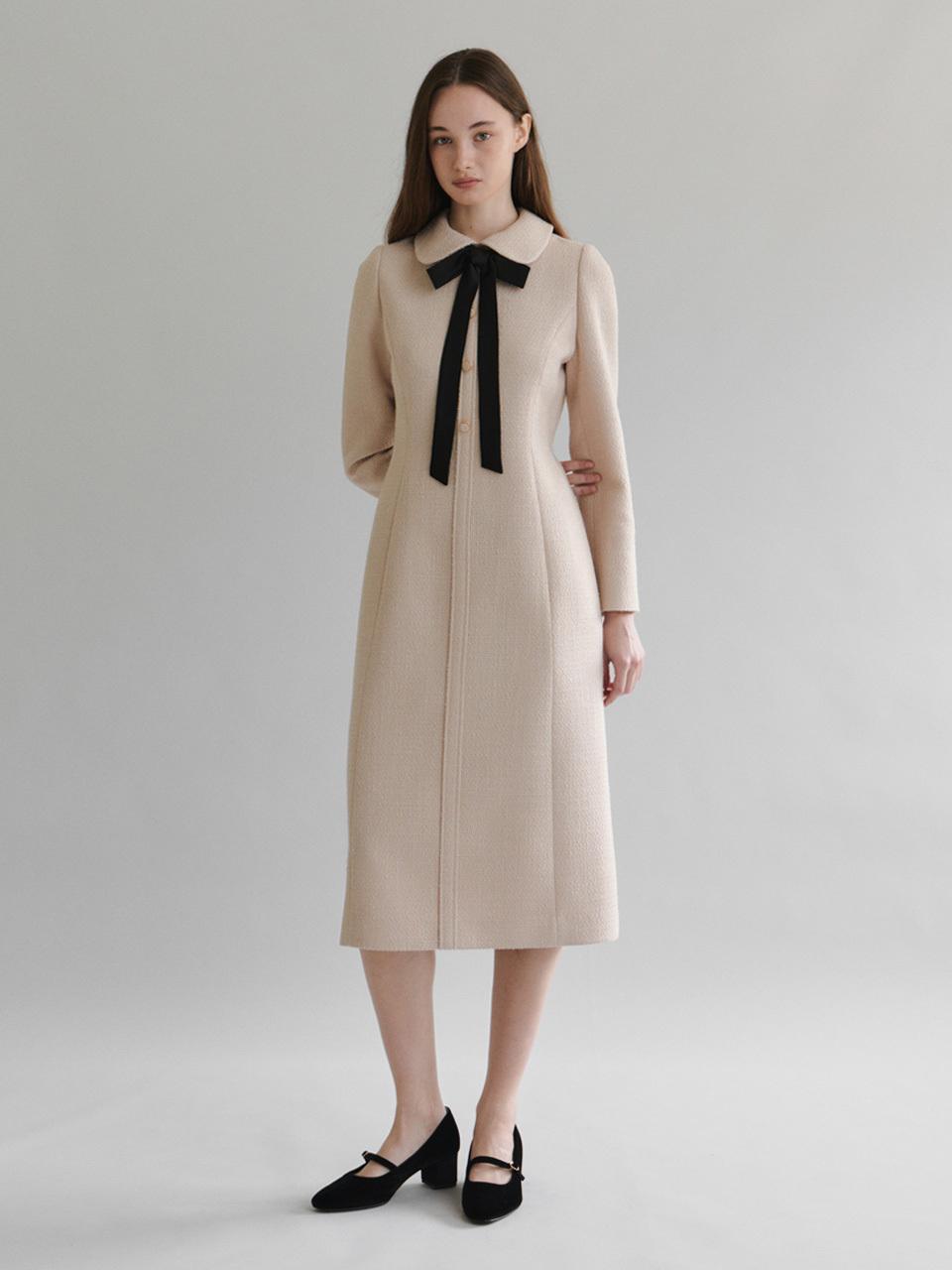 TOWAV Tweed Puff Sleeve Rounded Collar Dress