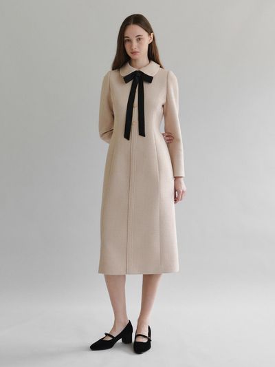 TOWAV Tweed Puff Sleeve Rounded Collar Dress
