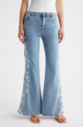 Tractr Tractr Flower Embroidered Flare Leg Hems