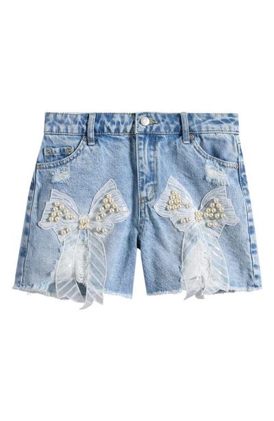 Tractr Tractr Kids' Faux Pearl & Sequin Bow Denim Cutoff Shorts