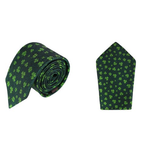 Trafalgar Trafalgar Green Shamrock Novelty Silk Pocket Square and Necktie Bundle 
