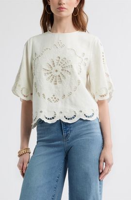 Treasure & Bond Treasure & Bond Eyelet Linen Blend Top