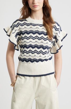Treasure & Bond Treasure & Bond Flutter Sleeve Cotton Pointelle & Rib Sweater