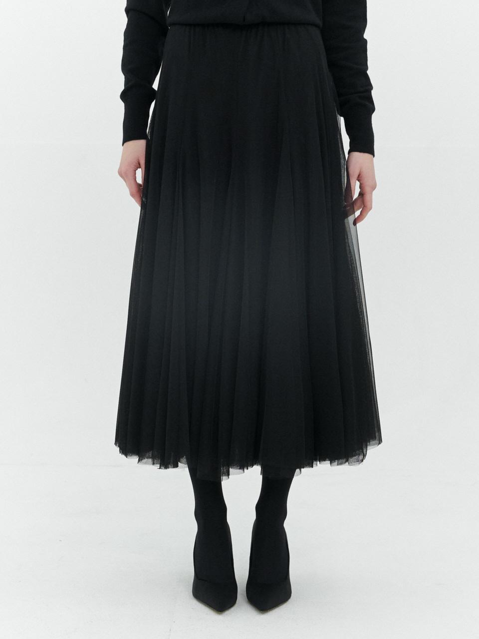 TRIMMED Chiffon Long Polyester Skirt [Black]