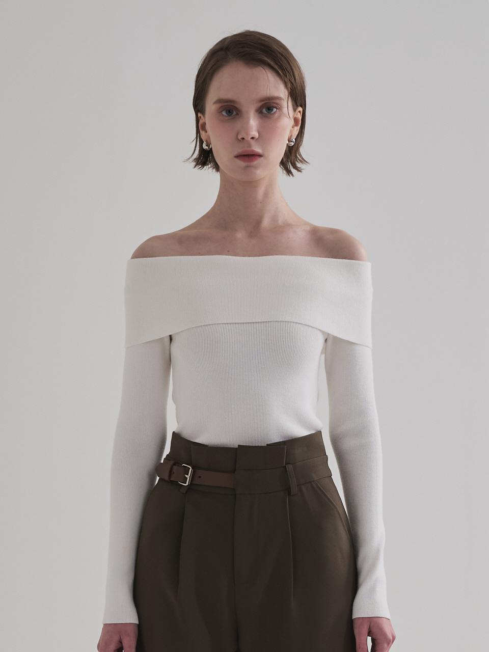 TRIMMED Classic Off Shoulder Premium Knit Sweater [White]