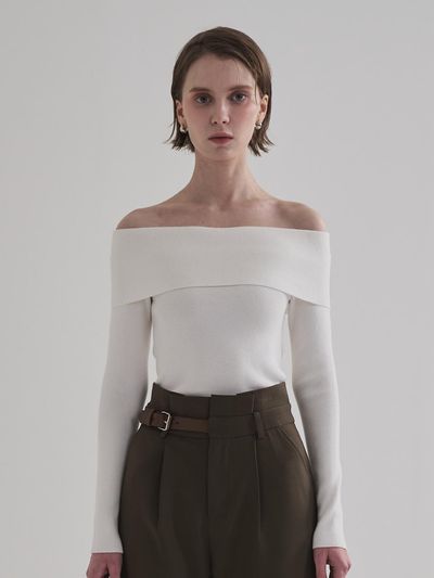 TRIMMED Classic Off Shoulder Premium Knit Sweater [White]