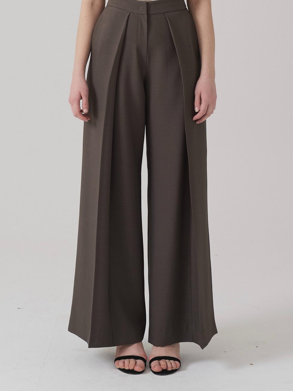 TRIMMED Hidden Pintuck Wide High-Rise Slacks [Khaki]