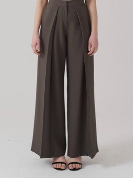 TRIMMED Hidden Pintuck Wide High-Rise Slacks [Khaki]