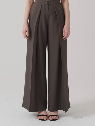 TRIMMED Hidden Pintuck Wide High-Rise Slacks [Khaki]