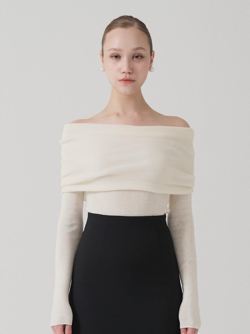 TRIMMED Overlap Off-shoulder Long Sleeve Knit [Beige]