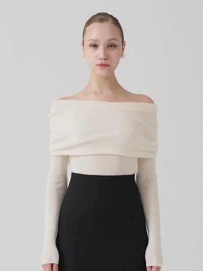 TRIMMED Overlap Off-shoulder Long Sleeve Knit [Beige]