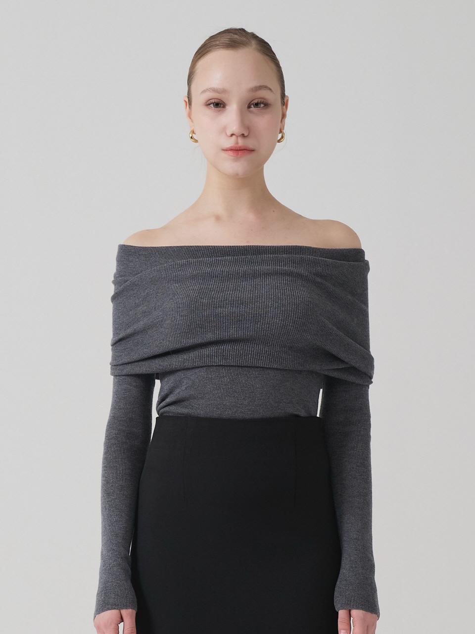 TRIMMED Overlap Off-shoulder Long Sleeve Knit [Charcoal]