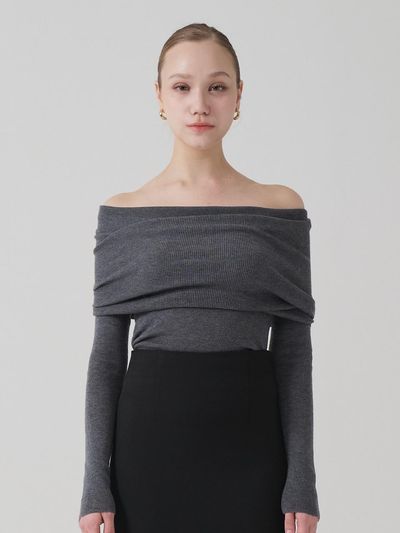 TRIMMED Overlap Off-shoulder Long Sleeve Knit [Charcoal]