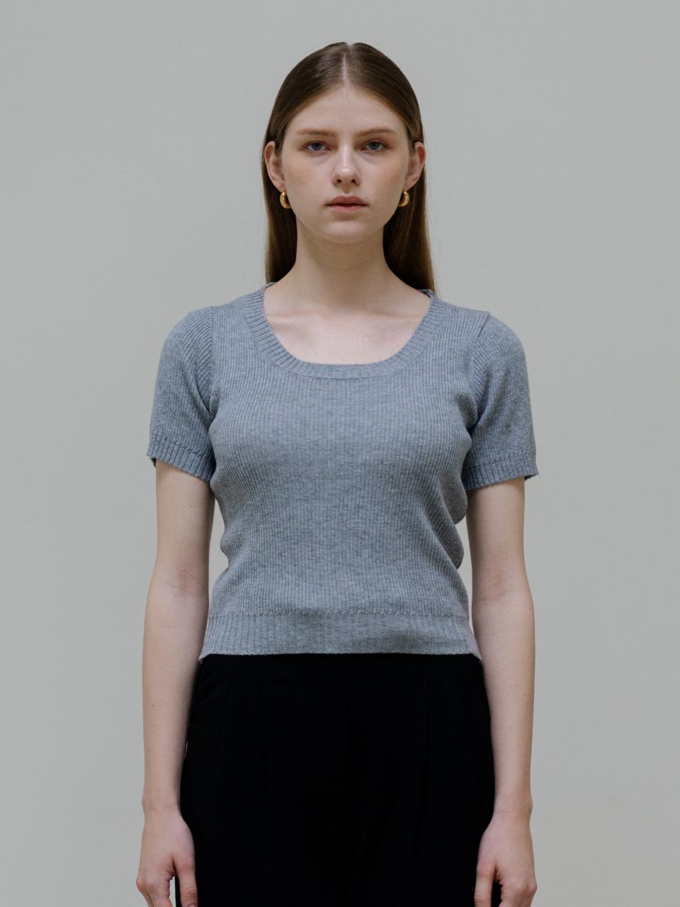 TRIMMED Ribbed Hem U-neck Knit [Gray]