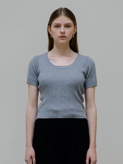 TRIMMED Ribbed Hem U-neck Knit [Gray]