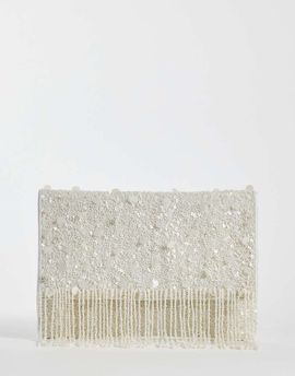 True Decadence True Decadence beaded fringe envelope clutch in white