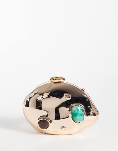 True Decadence True Decadence hard shell clutch purse with inset faux stones in gold-tone metallic