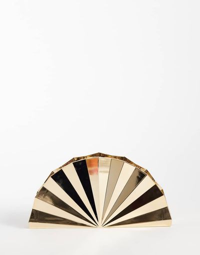 True Decadence True Decadence hard shell fan clutch purse in gold-tone metallic