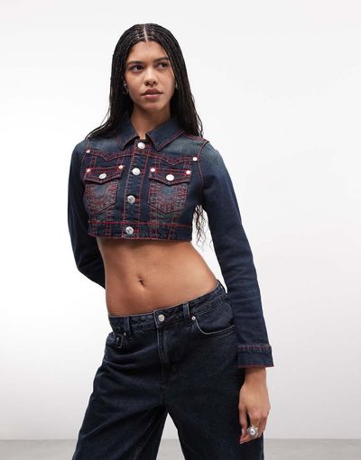 True Religion True Religion cropped contrast stitch denim jacket in dark blue