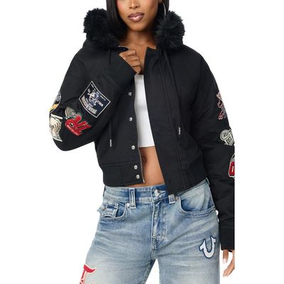 True Religion True Religion Faux Fur Trim Embroidered Hooded Jacket