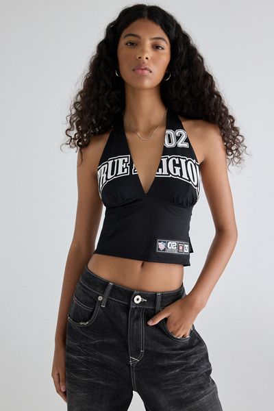 TRUE RELIGION True Religion Graphic Sporty Stretch Mesh Halter Top in Black, Women's at Urban Outfitters