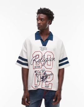 True Religion True Religion oversized contrast collar detail motif sports top in cream-White