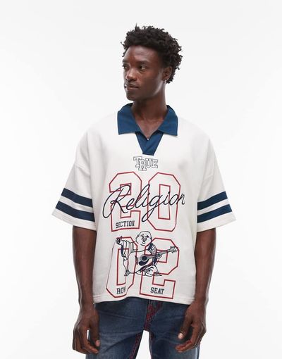 True Religion True Religion oversized contrast collar detail motif sports top in cream-White