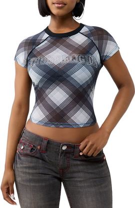 True Religion True Religion Plaid Crystal Raglan Mesh Top 
