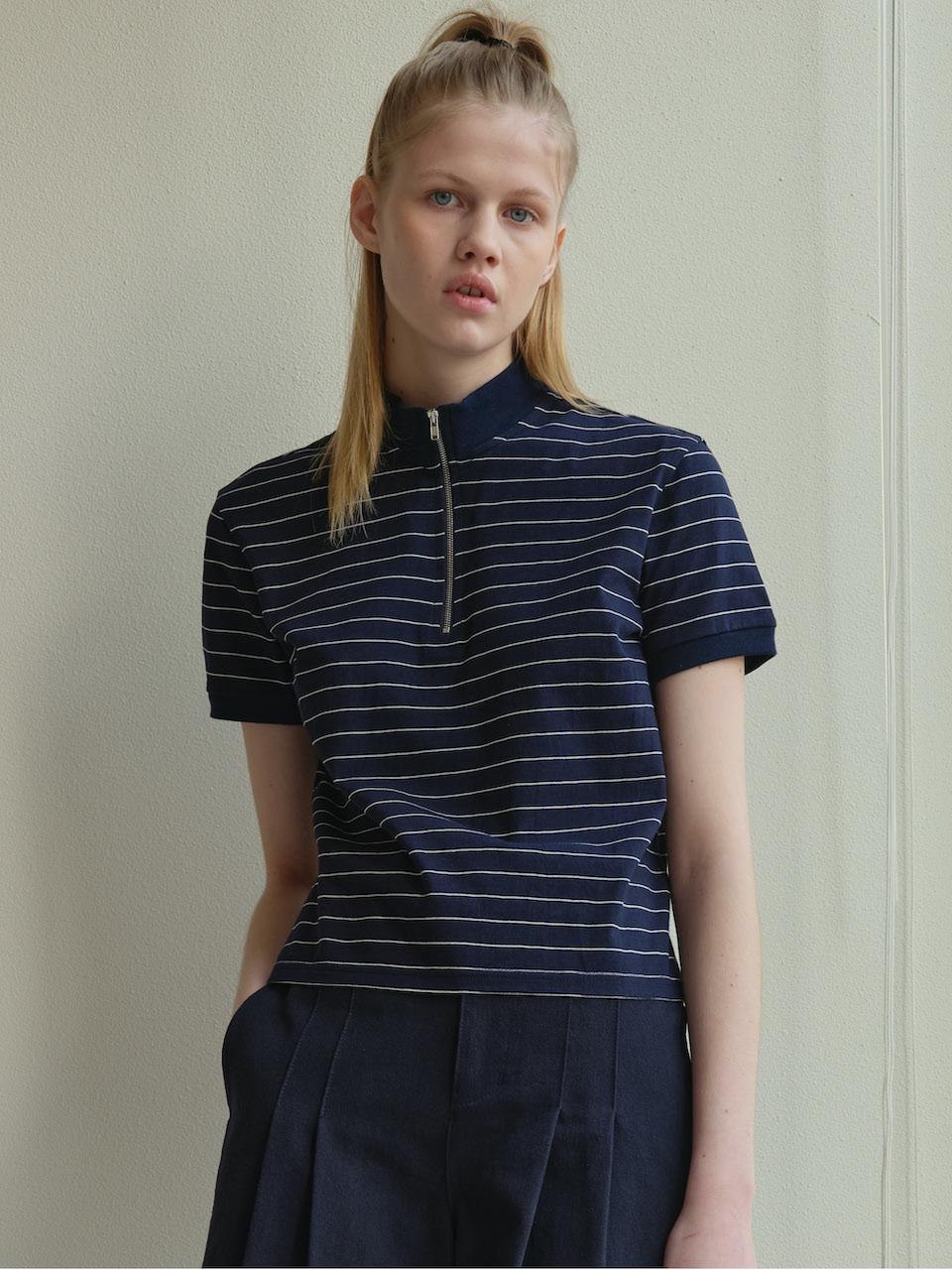 TRWA Chloe Semi Zip-Up Stripe T-shirt (NAVY)