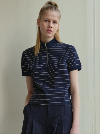 TRWA Chloe Semi Zip-Up Stripe T-shirt (NAVY)