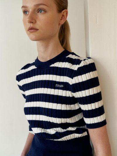 TRWA Cotton Stripe V-neck Knitwear (NAVY)