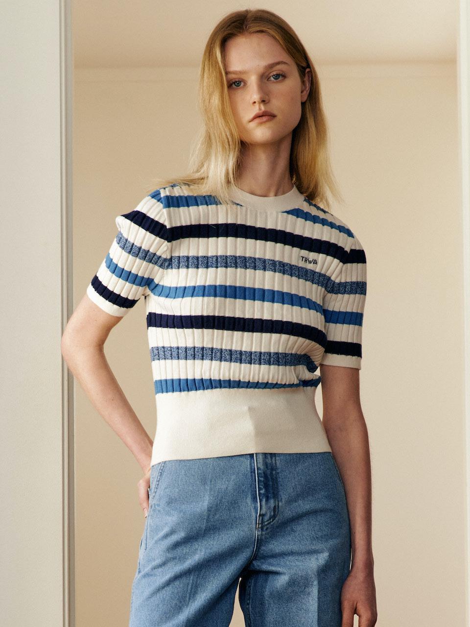 TRWA Cotton Stripe V-Neck Knitwear (SKY BLUE)